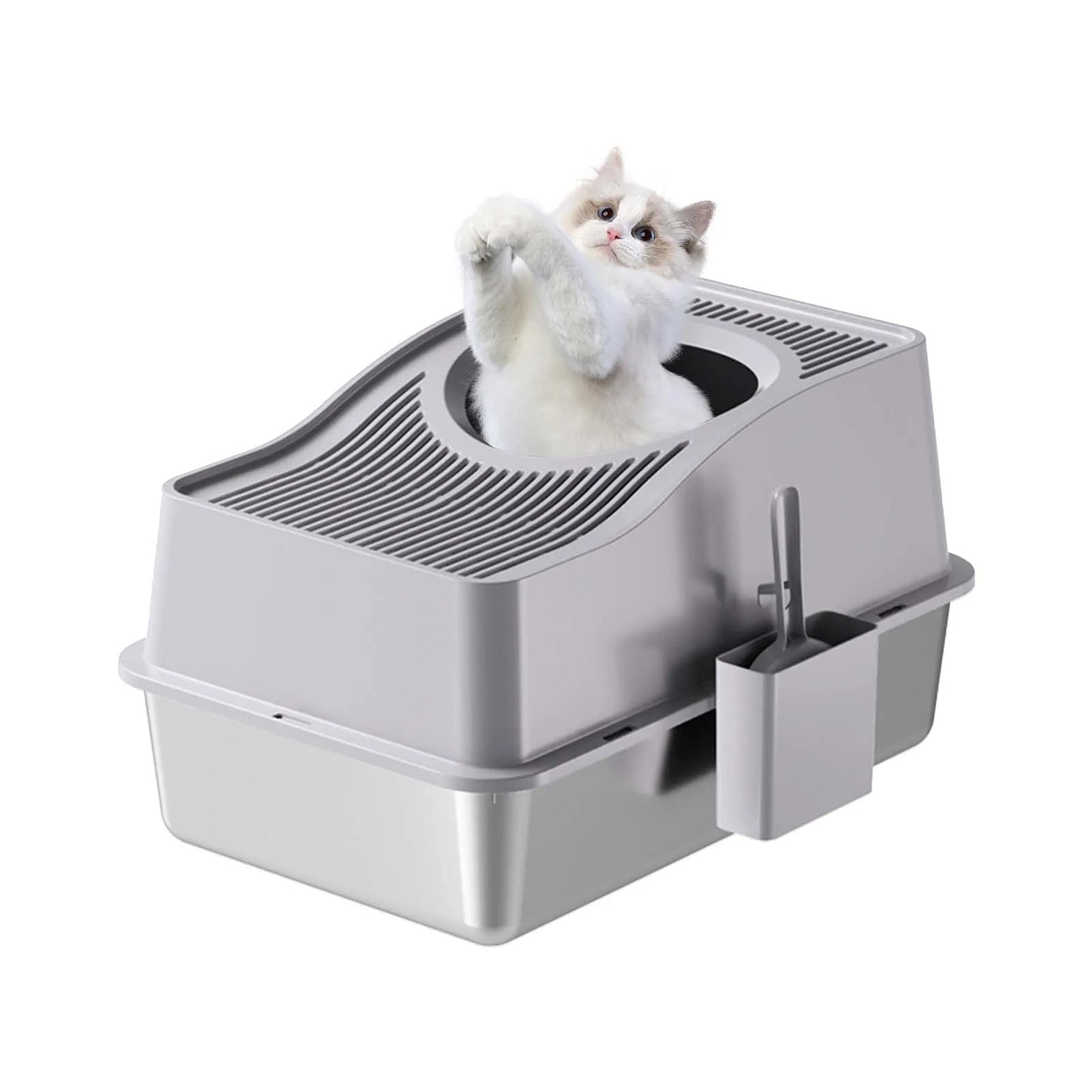 Stainless Steel Litter Box With Lid, Enclosed Litter Box With Cat Litter Mat And Scoop, Extra Large High Sided Cat Litter Trays
