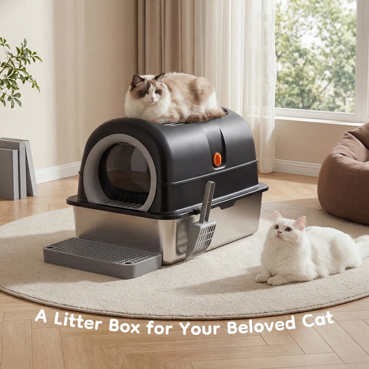 Stainless Steel Cat Litter Box Enclosed Scoop And Mat Included