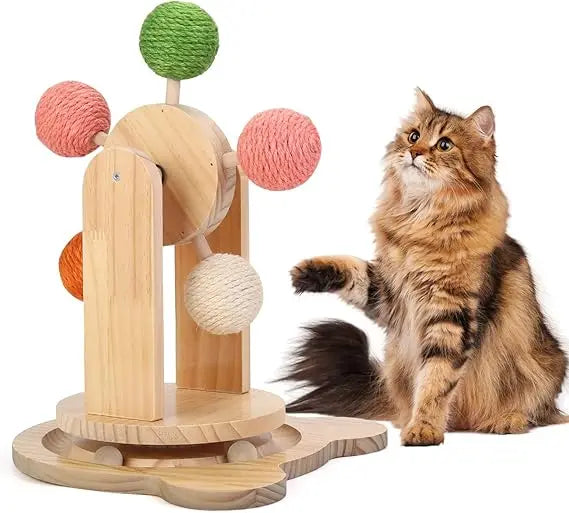 Solid Wood Cat Scratcher Ball Toy With 2-In-1 Track
