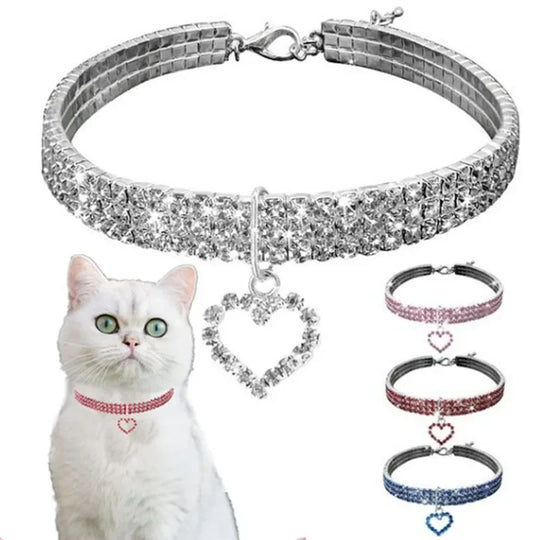 Three Row Elastic Rhinestone Pet Collar For Cats And Dogs