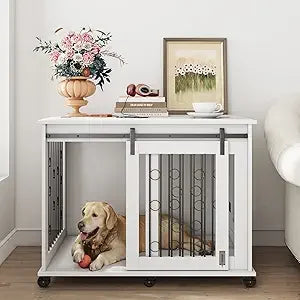 XUYUAN Dog Crate Furniture With Sliding Barn Door End Table