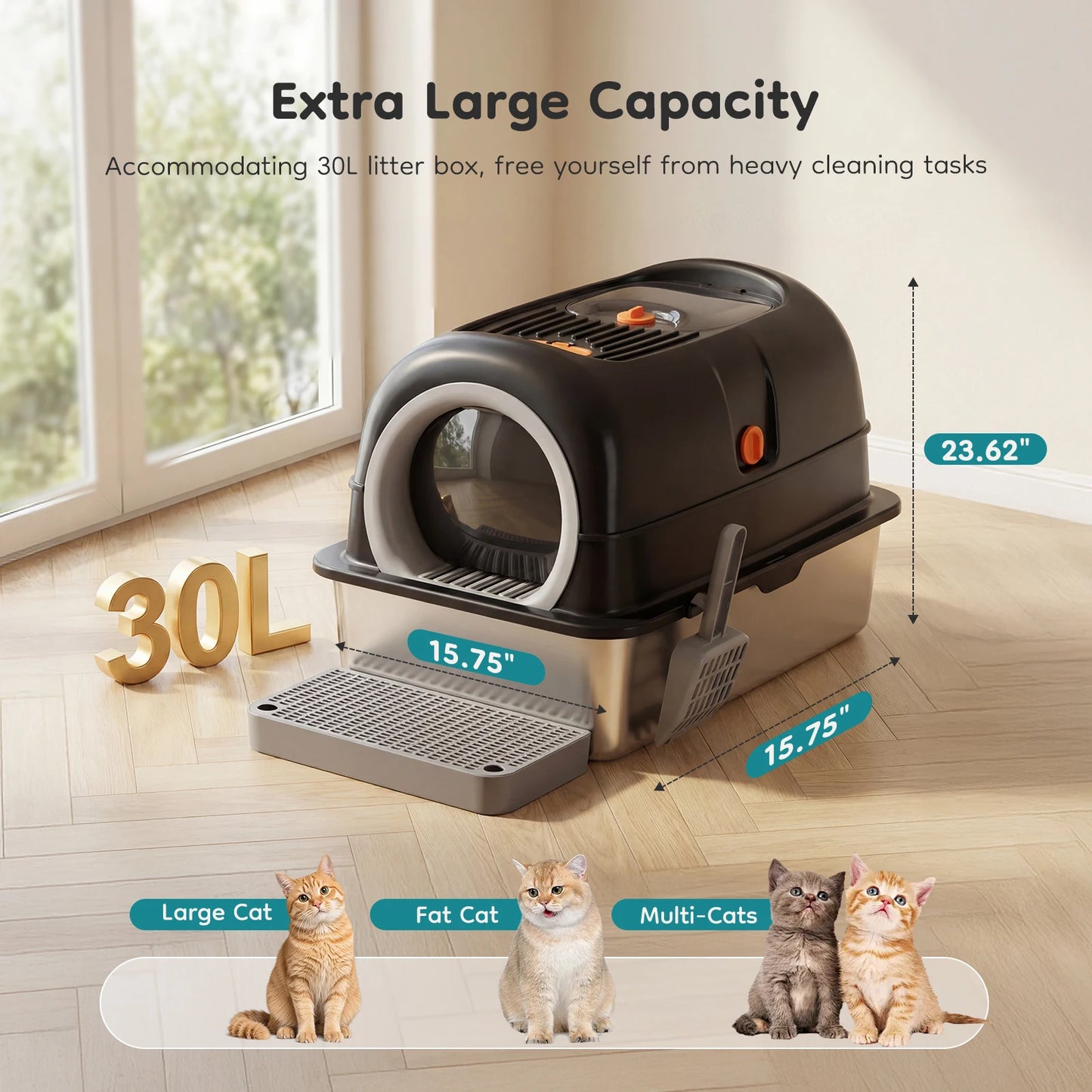 Stainless Steel Cat Litter Box Enclosed Scoop And Mat Included