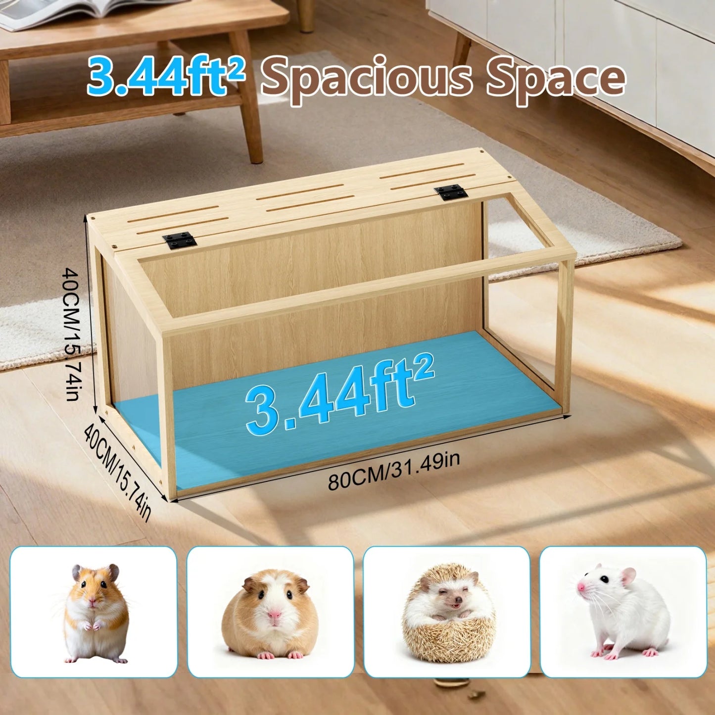 NONECN Chewproof Wooden Hamster Cage With Tempered Glass And LED