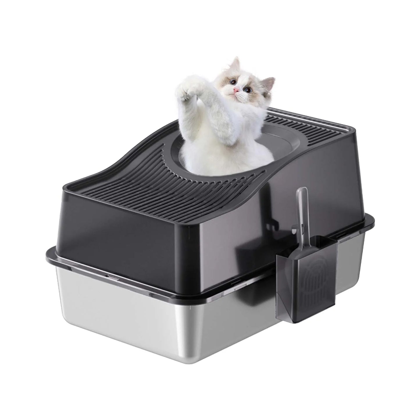 Stainless Steel Litter Box With Lid, Enclosed Litter Box With Cat Litter Mat And Scoop, Extra Large High Sided Cat Litter Trays