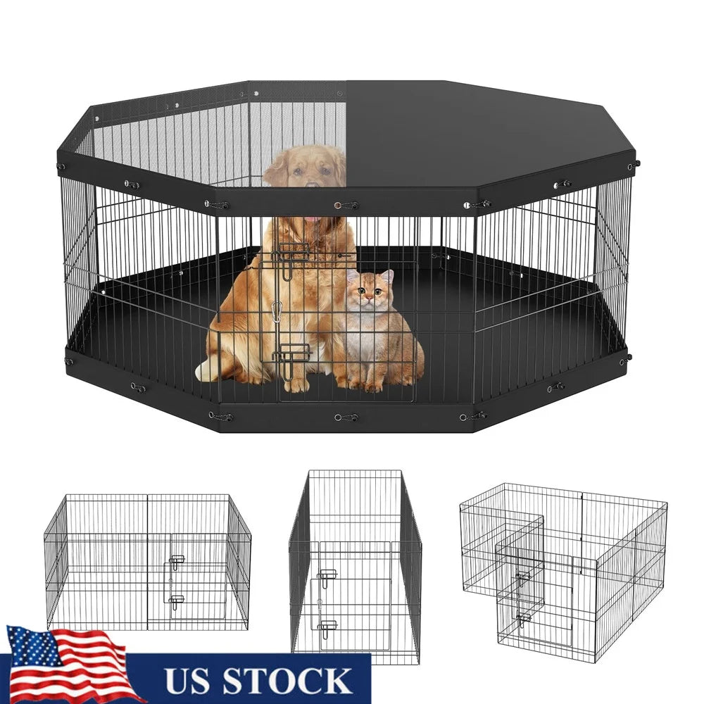 Dutrieux 8 Panel Folding Metal Dog Exercise Pen With Cover