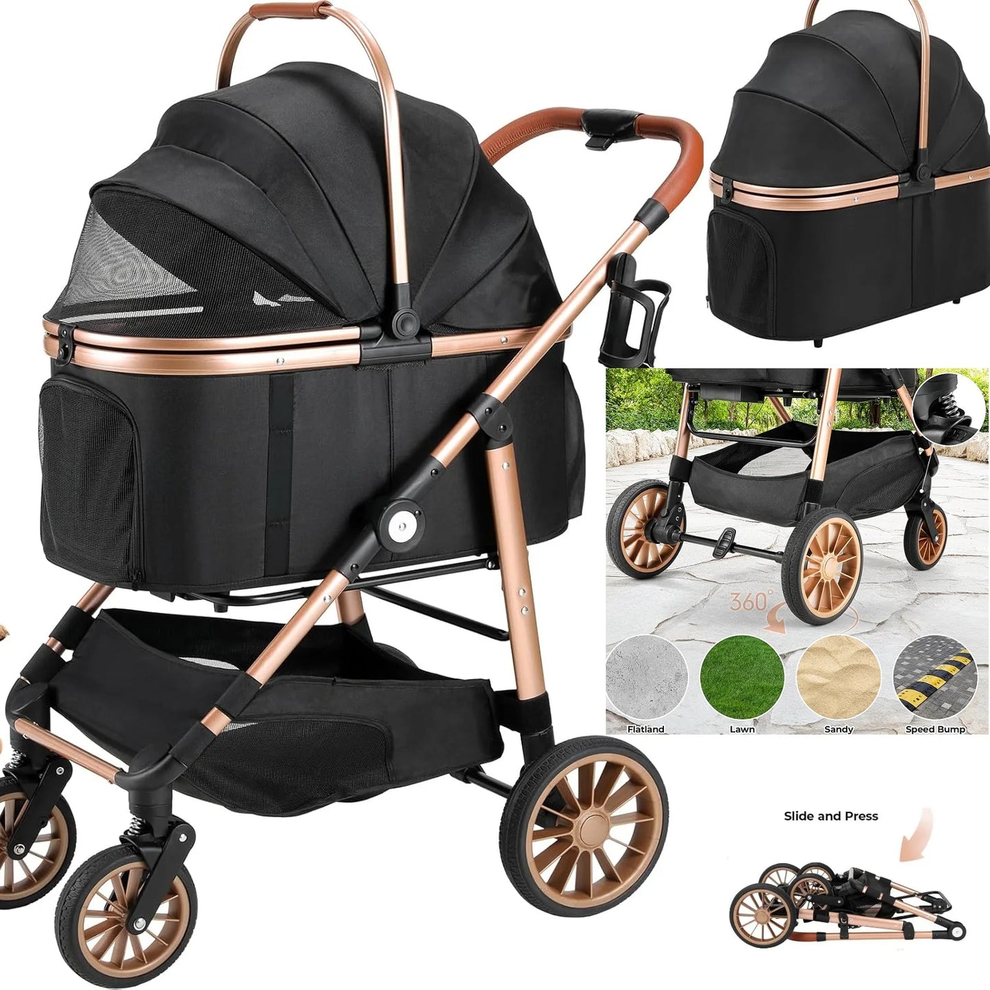 Foldable 360 Degree Cat And Small Dog Stroller 2In1