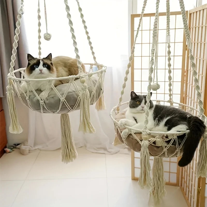 Handwoven Cotton Rope Cat Hammock Durable Fits Two Cats