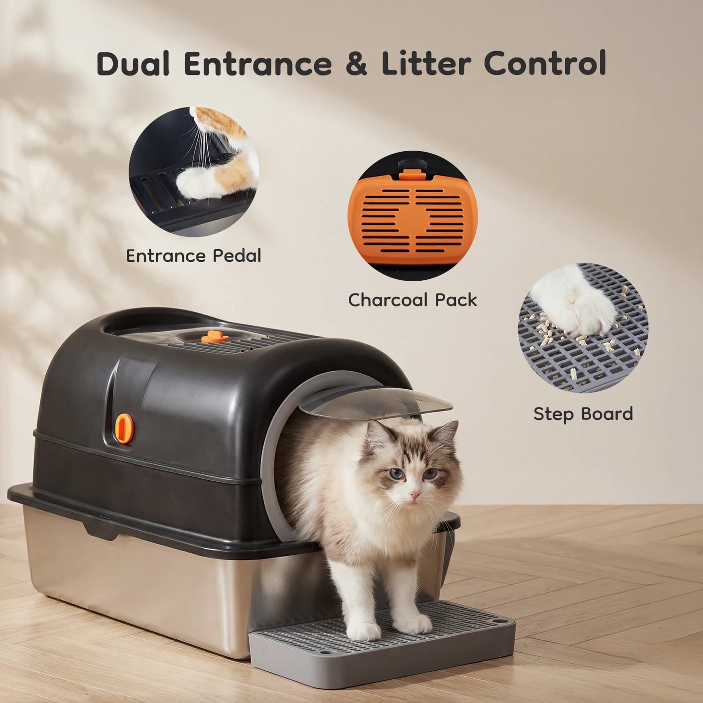 Stainless Steel Cat Litter Box Enclosed Scoop And Mat Included