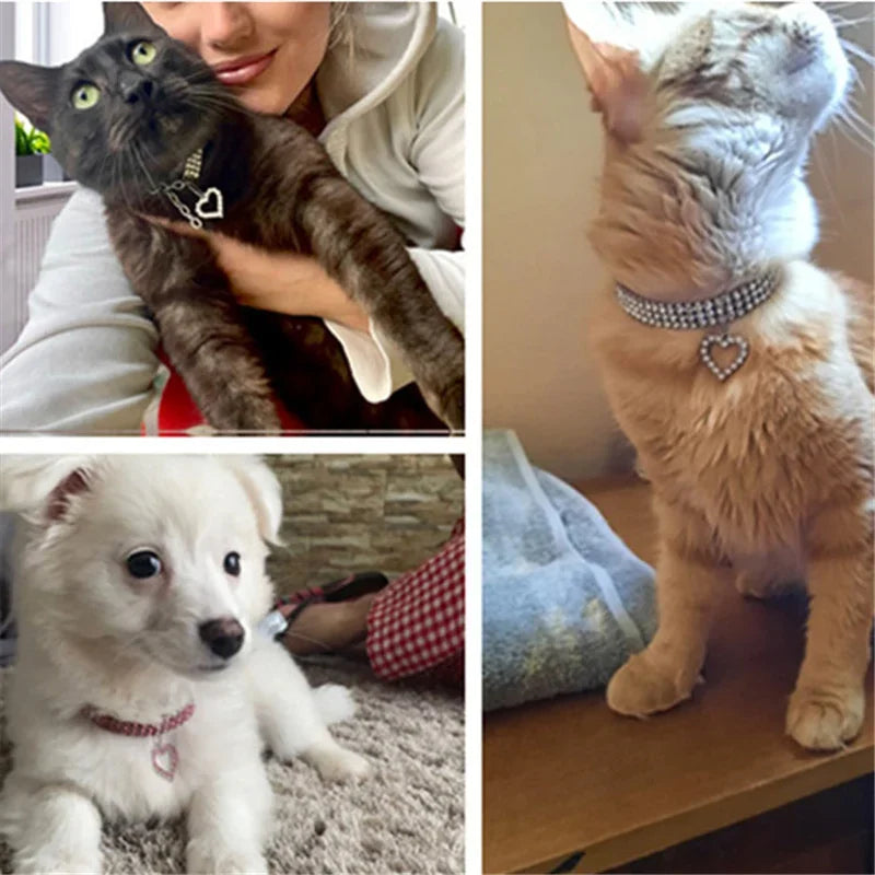 Three Row Elastic Rhinestone Pet Collar For Cats And Dogs