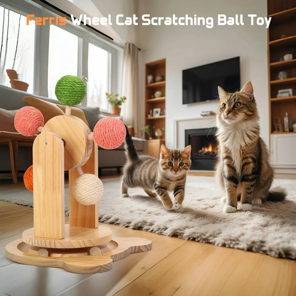 Solid Wood Cat Scratcher Ball Toy With 2-In-1 Track