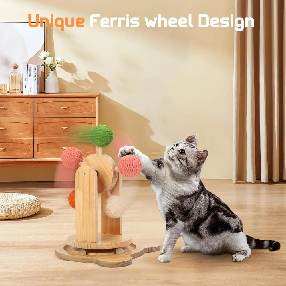 Solid Wood Cat Scratcher Ball Toy With 2-In-1 Track