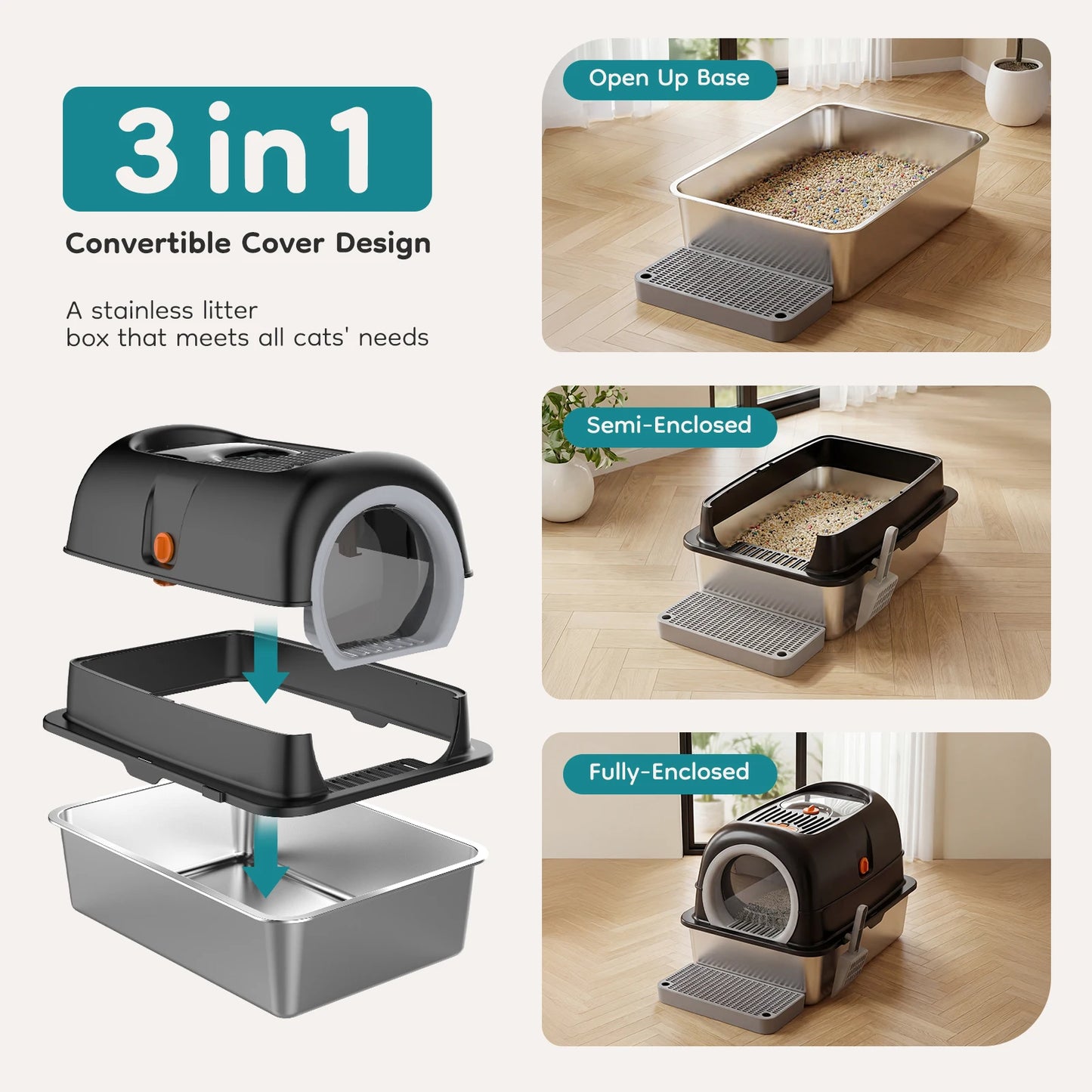 Stainless Steel Cat Litter Box Enclosed Scoop And Mat Included