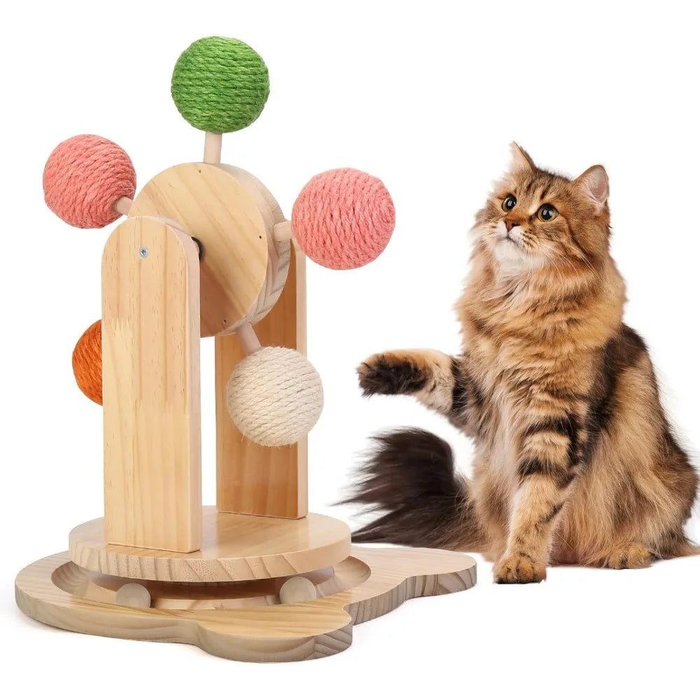 Solid Wood Cat Scratcher Ball Toy With 2-In-1 Track