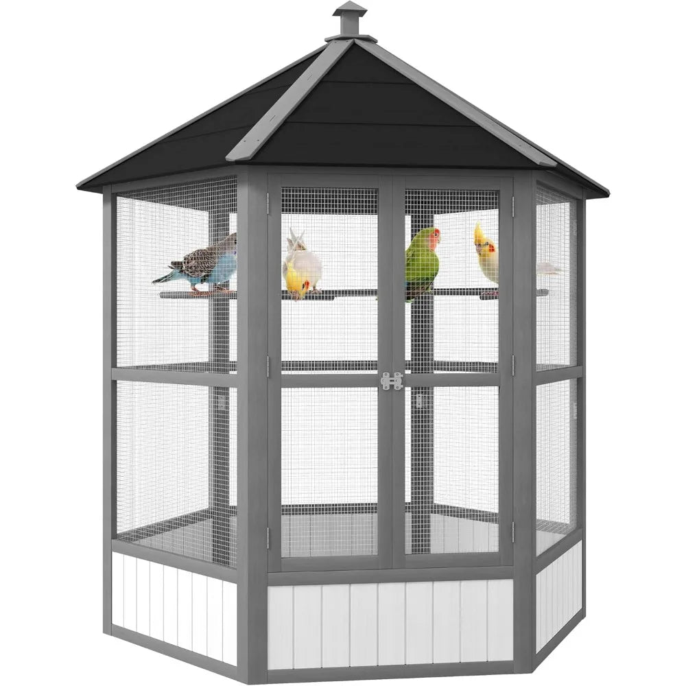 RBX Wooden Hexagonal Outdoor Aviary Bird Cage With Roof