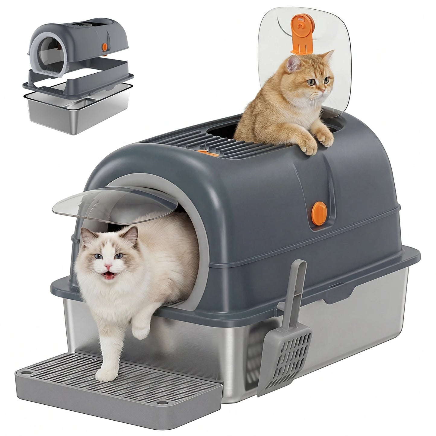 Stainless Steel Cat Litter Box Enclosed Scoop And Mat Included