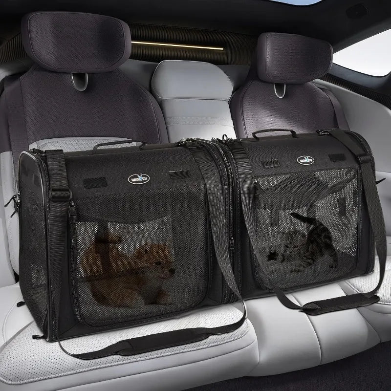 Wakytu Foldable Dual Pet Carrier for Cats And Dogs Zippered Cat Car Transportation Box Pet Travel Bag All Breeds