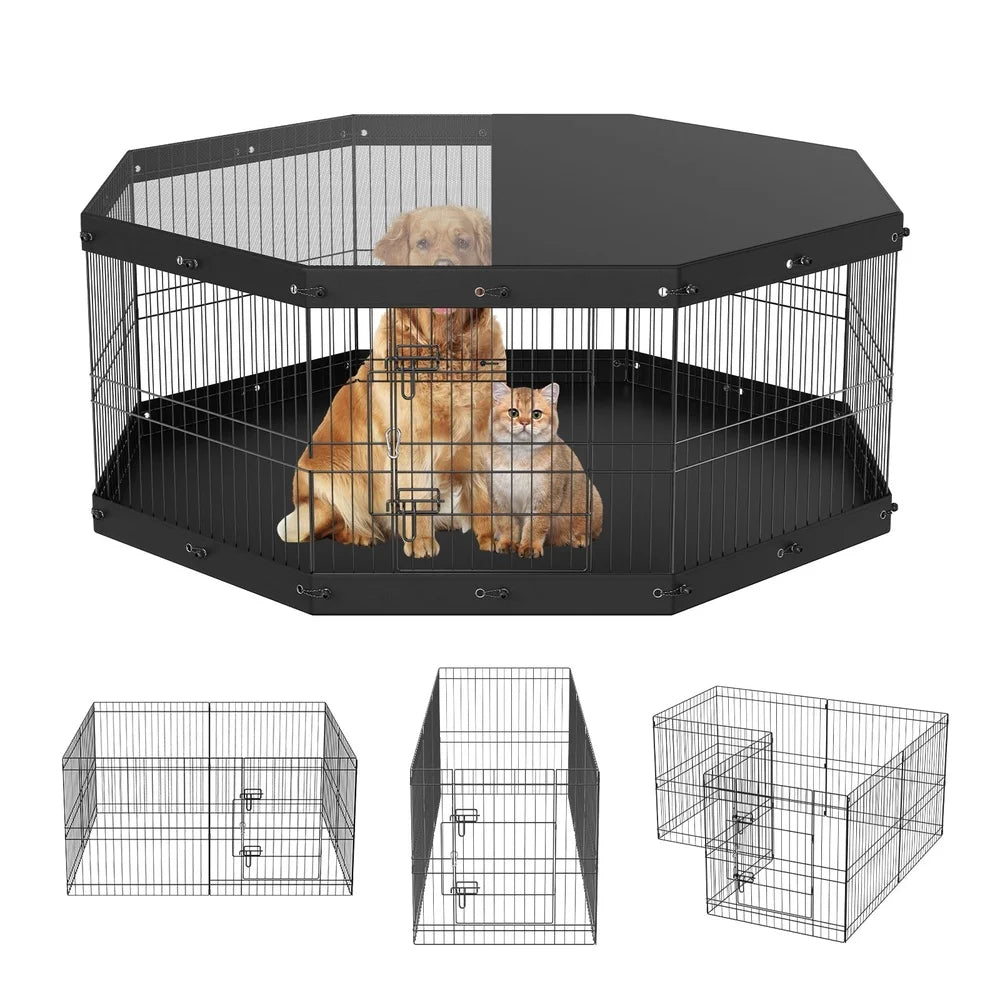Dutrieux 8 Panel Folding Metal Dog Exercise Pen With Cover