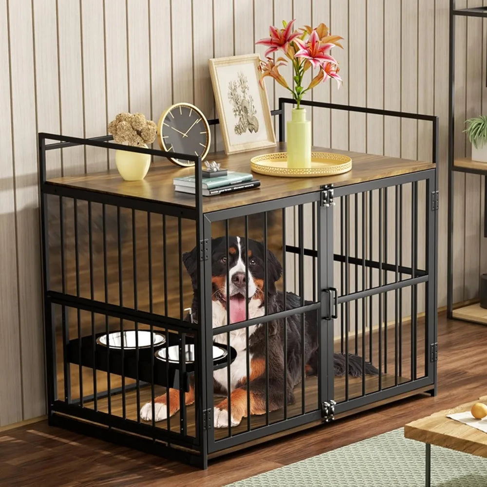 Hign-concerned Dog Crate Furniture Kennel With Bowls