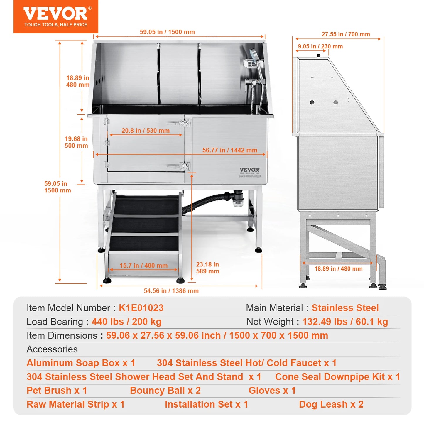 VEVOR Pet Grooming Tub Stainless Steel With Ramp Bath Station
