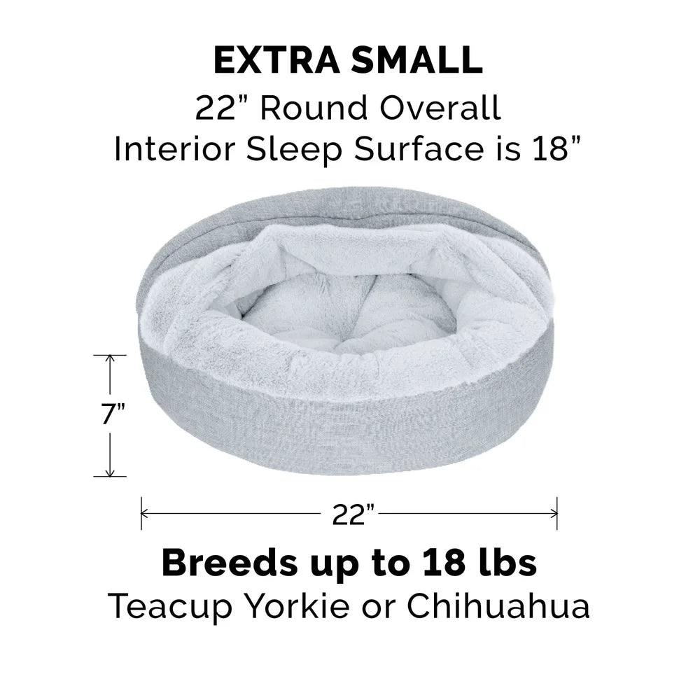 Hooded Donut Pet Bed Dogs Cats Cozy Plush Linen Nesting Sleeping Surface Non-Slip Base Machine Washable Mist Gray Extra Small