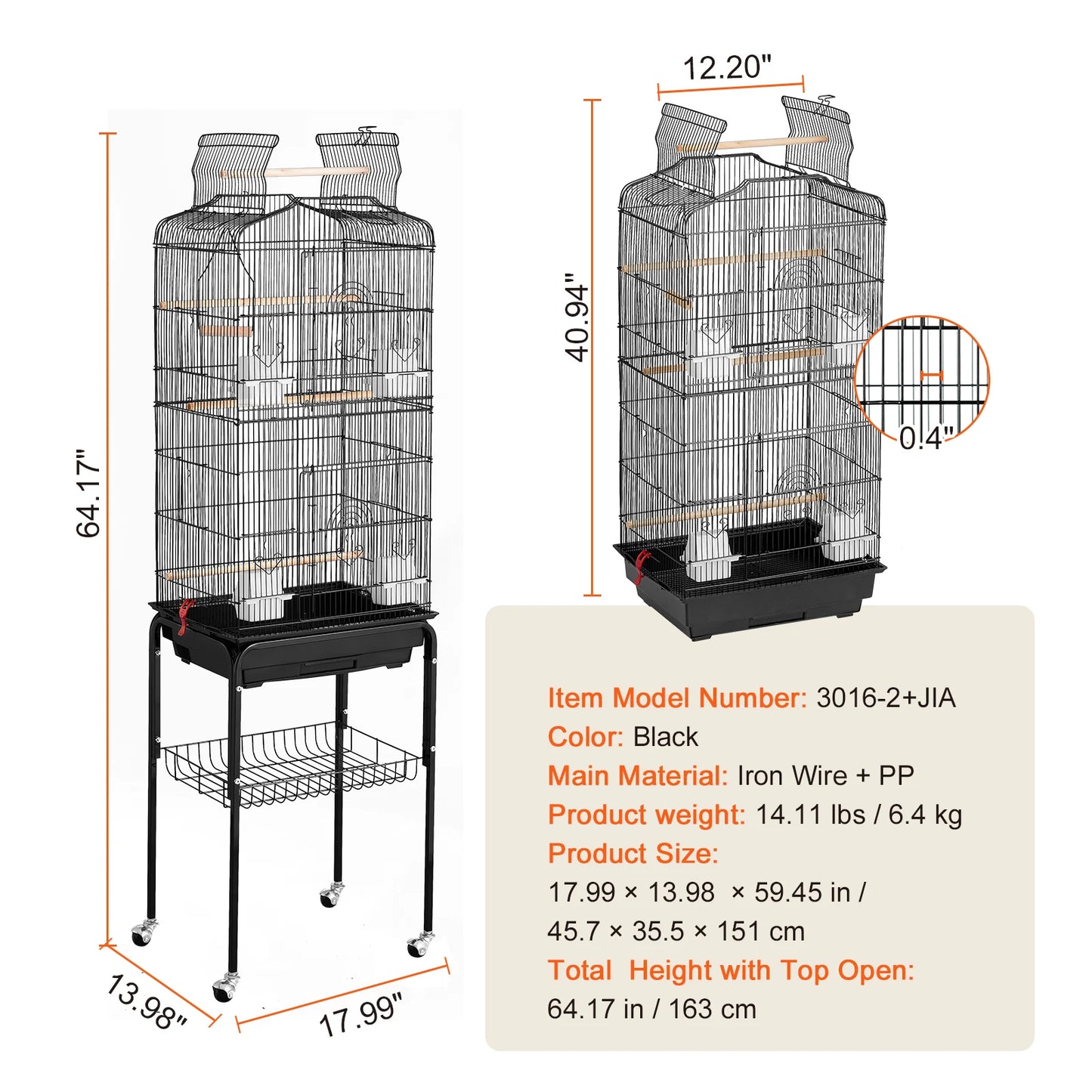 Open Top Parrot Bird Cage Hanging Cage With Swing Perch
