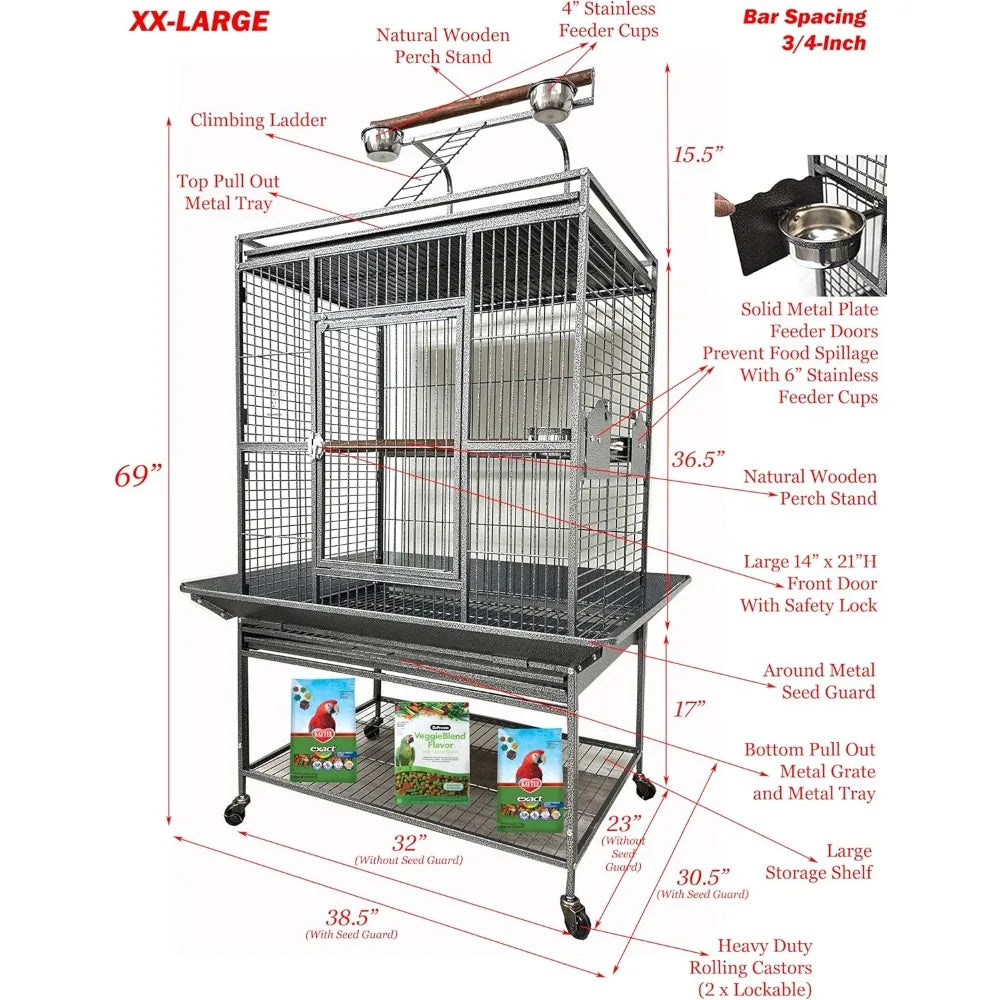 Wrought Iron Parrot Cage Rolling Bird Enclosure Durable