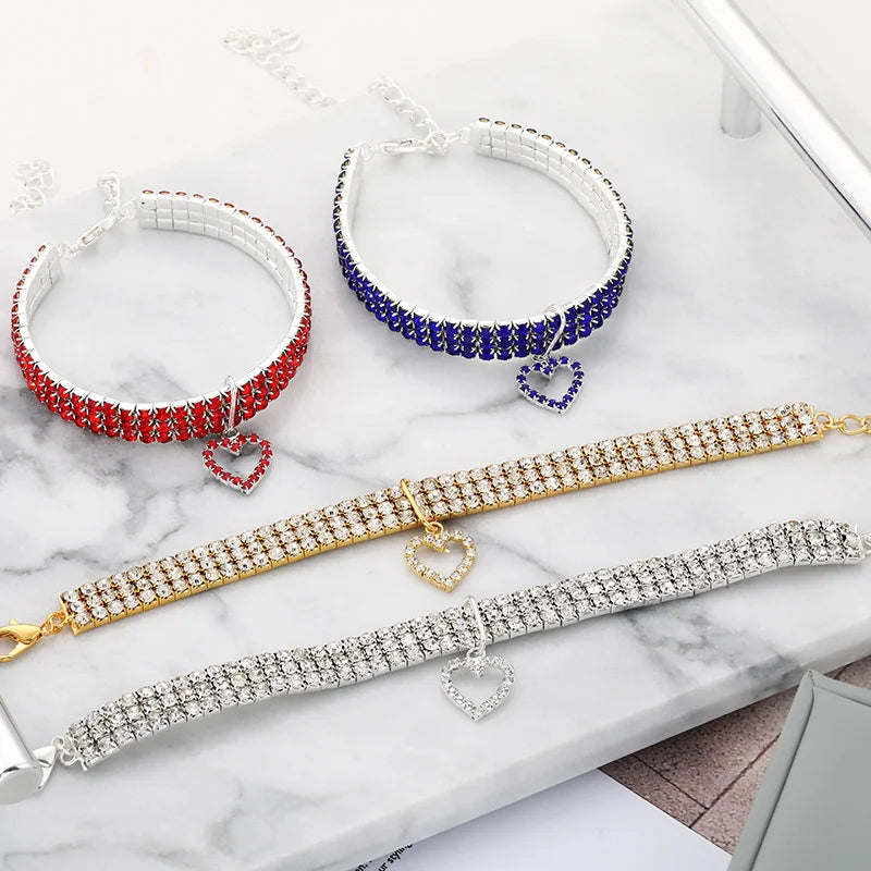 Three Row Elastic Rhinestone Pet Collar For Cats And Dogs