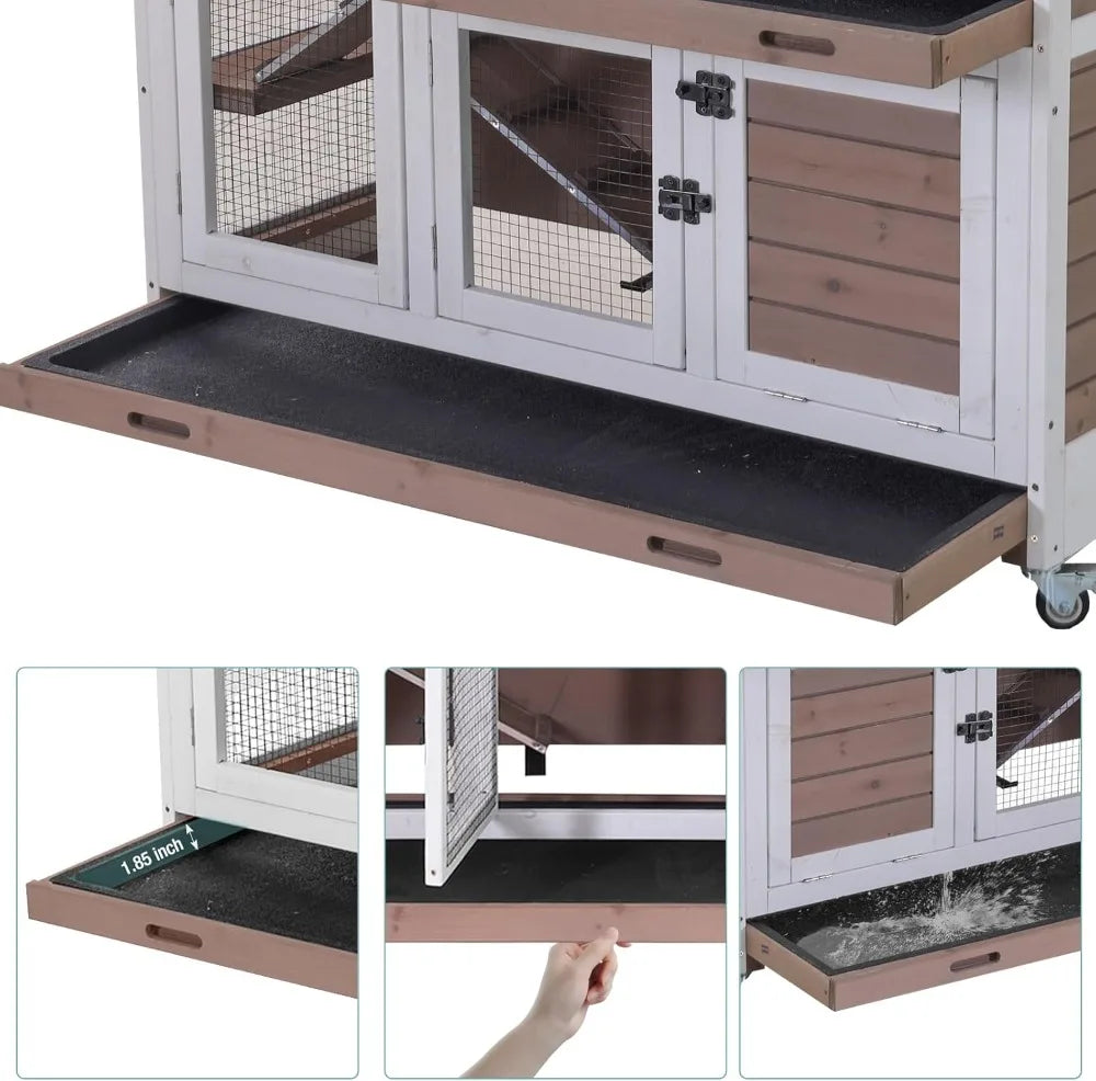 Rabbit Hutch Indoor Bunny House Guinea Pig Cage with Sliding Plastic Trays, Wheels & Ramp, Multi-Door Wooden Small Animal Cage