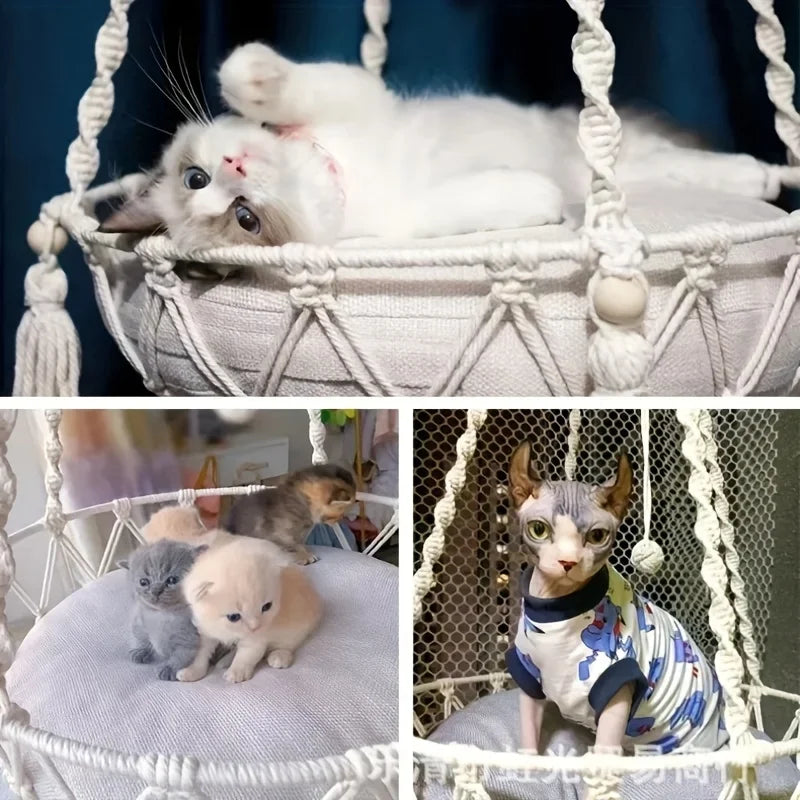 Handwoven Cotton Rope Cat Hammock Durable Fits Two Cats