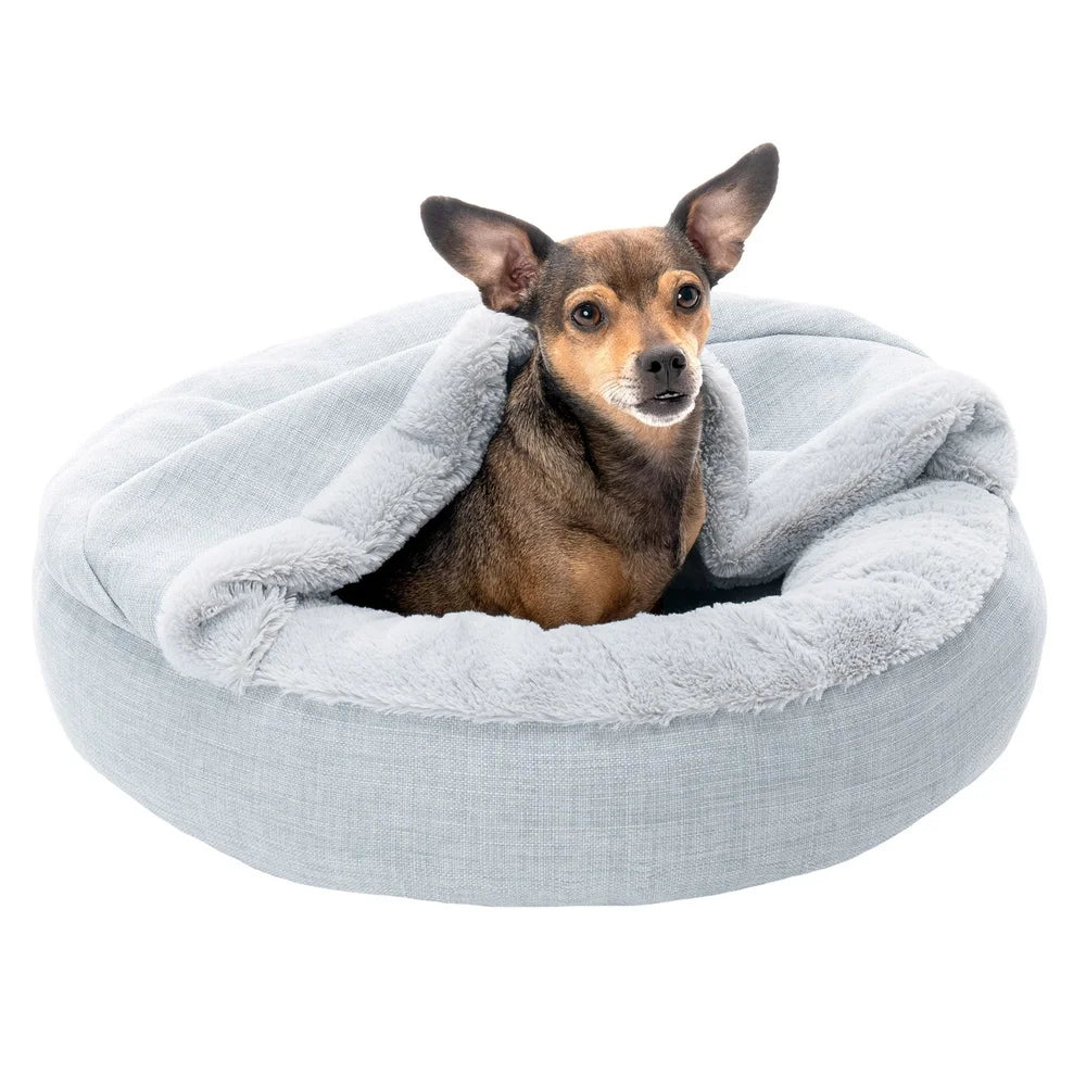 Hooded Donut Pet Bed Dogs Cats Cozy Plush Linen Nesting Sleeping Surface Non-Slip Base Machine Washable Mist Gray Extra Small