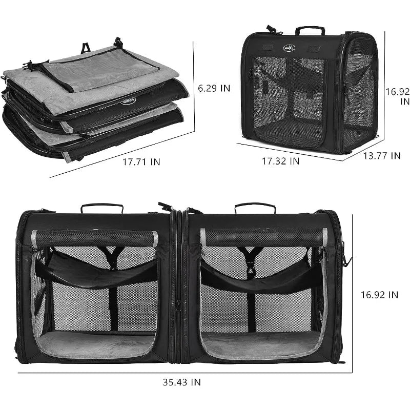 Wakytu Foldable Dual Pet Carrier for Cats And Dogs Zippered Cat Car Transportation Box Pet Travel Bag All Breeds