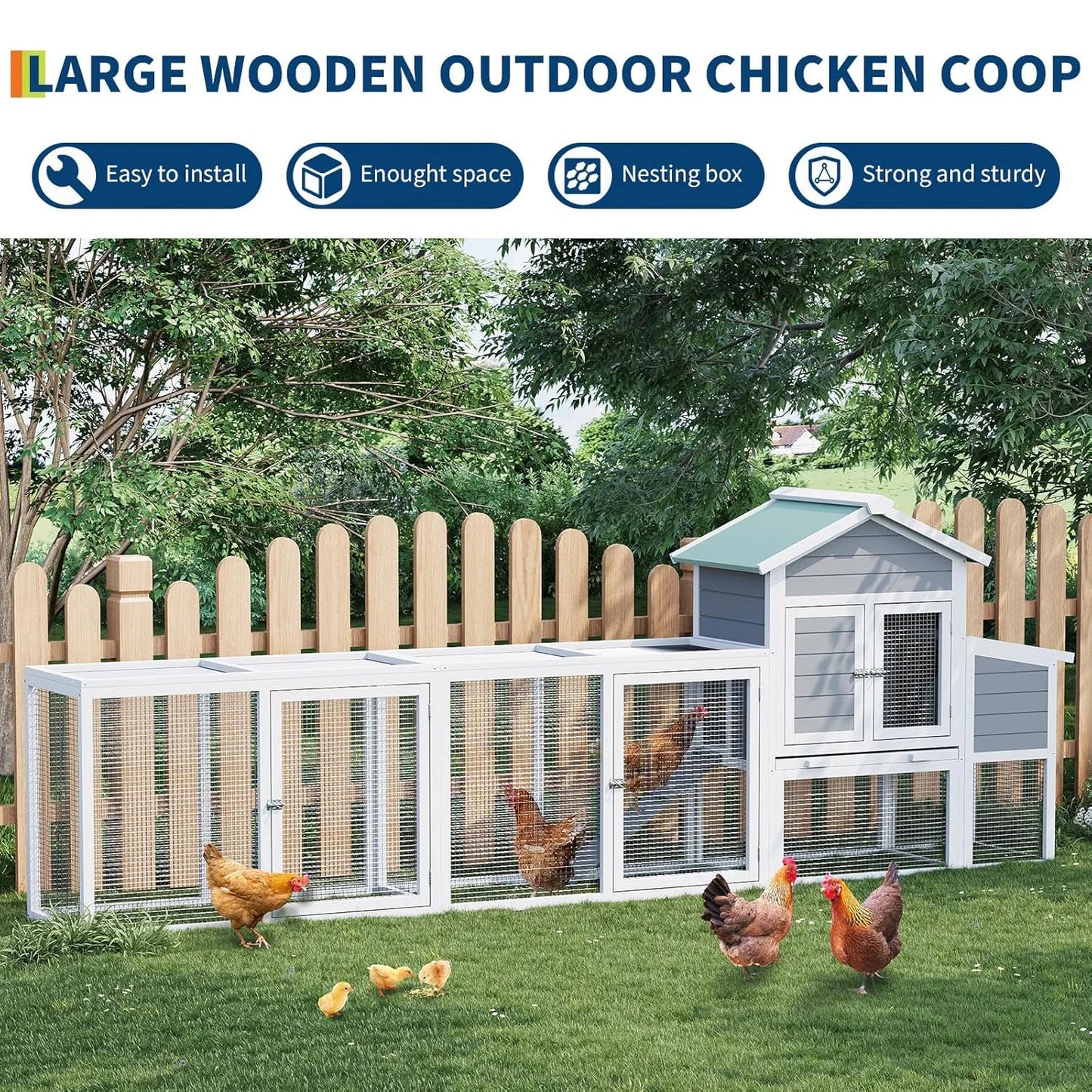 HiMISS Weatherproof Wooden Chicken Coop With Run Outdoor Poultry Cage