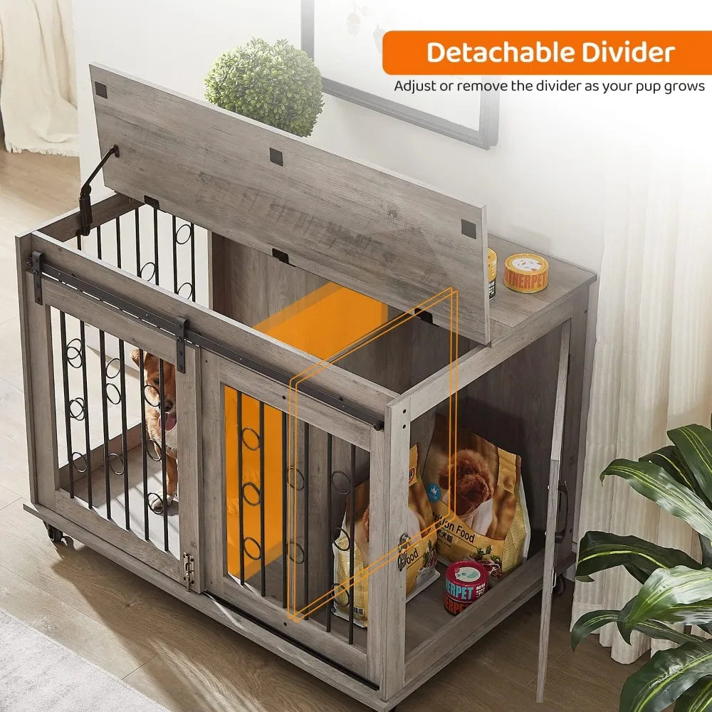 XUYUAN Dog Crate Furniture With Sliding Barn Door End Table
