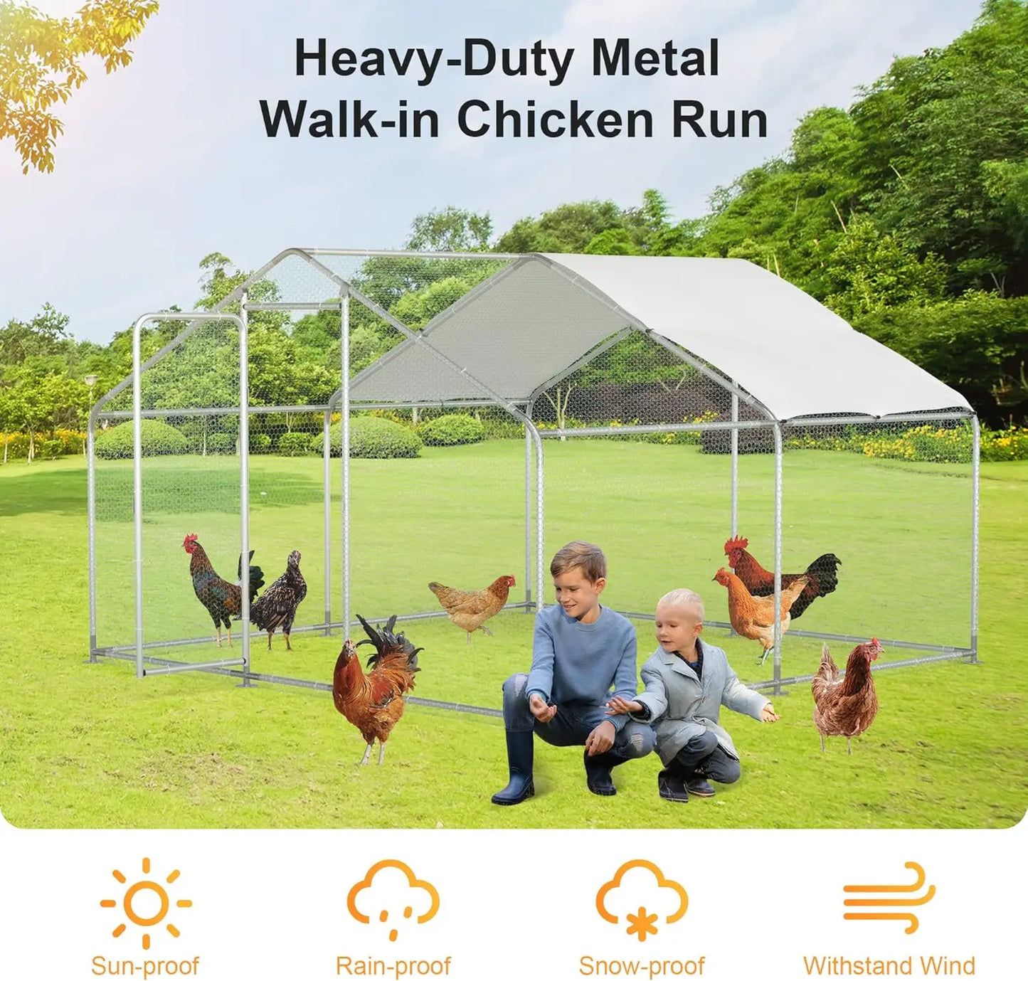 Walk-In Metal Chicken Coop With Run and Waterproof Cover