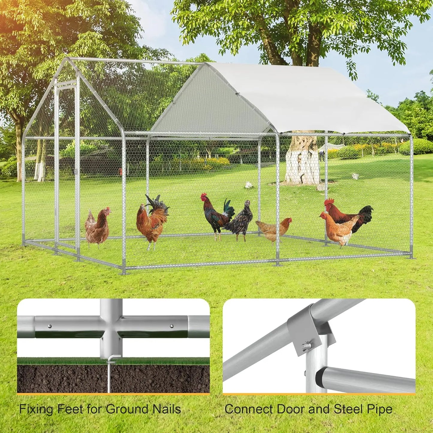 Walk-In Metal Chicken Coop With Run and Waterproof Cover