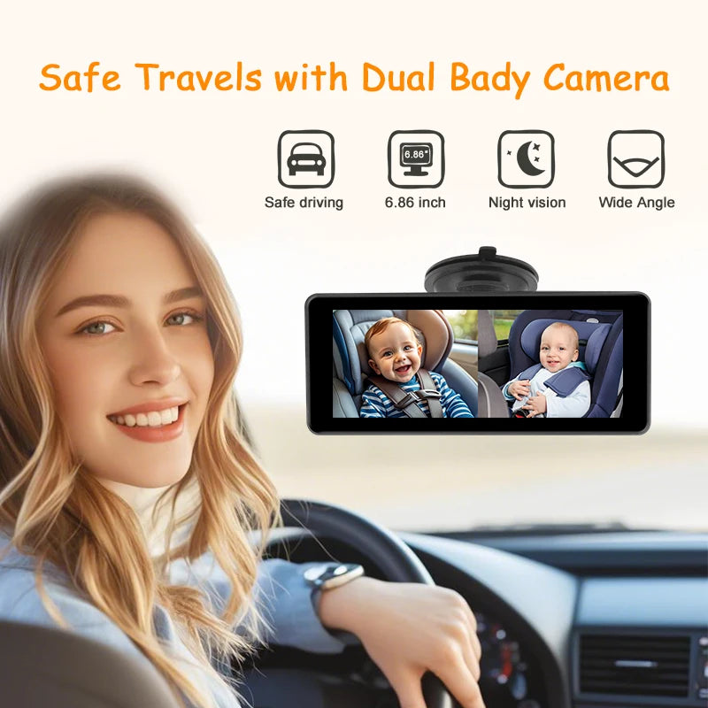 2 Car Camera Baby Monitor 6.86'' IPS Screen Dual Camera Bebe Car Mirror Video Monitor For Infants Kids Pets In Safe Driving