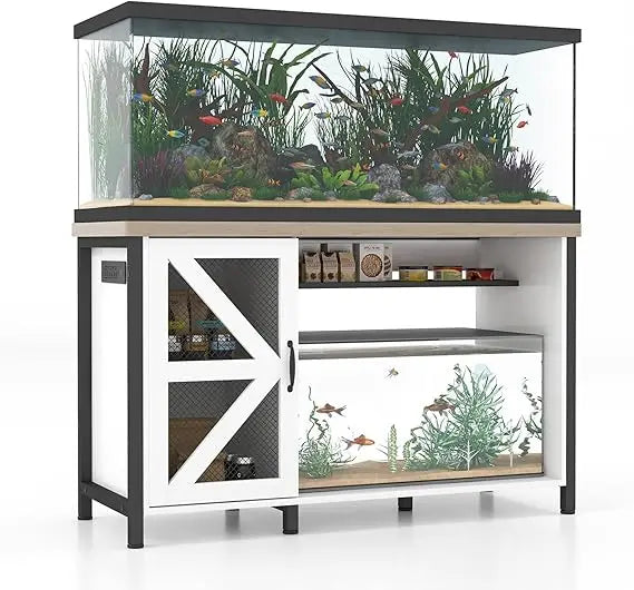 Verano 55-75 Gallon Aquarium Stand with Cabinet, Fish Tank Cabinet with Power Outlets & LED Light, Modern Turtle Tank Stand 52 i