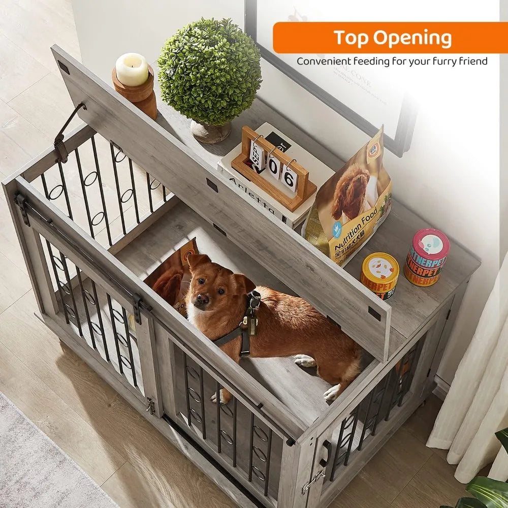 XUYUAN Dog Crate Furniture With Sliding Barn Door End Table